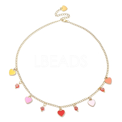 Alloy Heart & Millefiori Glass Flower Bib Necklace with Ion Plating(IP) Handmade 304 Stainless Steel Chains NJEW-JN04403-1