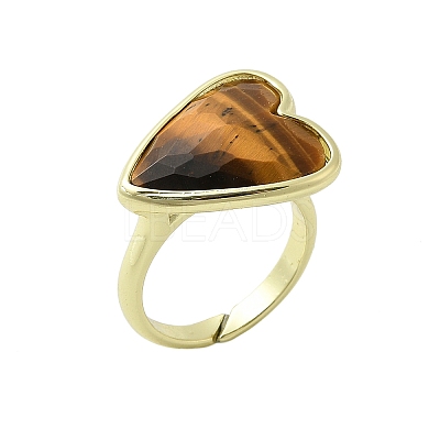 Heart Brass Natural Tiger Eye Finger Rings X-RJEW-D304-01G-D-1