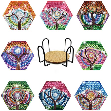 DIY Diamond Painting Tree Pattern Hexagon Coaster Kit TREE-PW0001-69-1