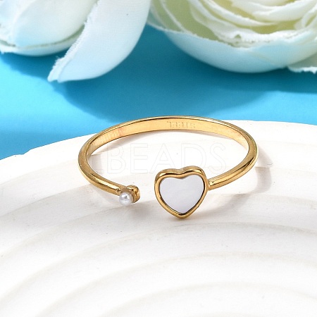 304 Stainless Steel & Natural Shell & Imitation Pearl Cuff Rings for Women RJEW-G372-01G-01-1