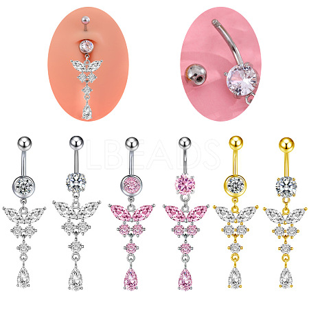 316L Surgical Stainless Steel Cubic Zirconia Butterfly Curved Barbell Dangle Belly Rings WGB11C1-09-1