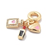Brass Pink Enamel & Clear Cubic Zirconia Dangle Charms KK-M305-15G-01-3