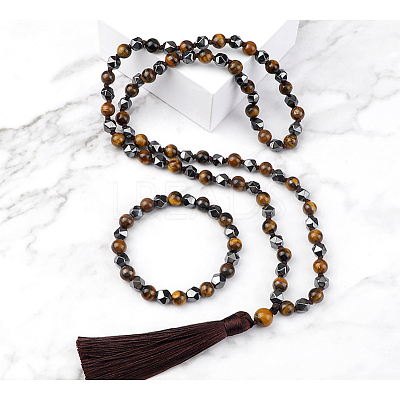 Natural Hematite Round Beaded Pendant Necklaces & Bracelets Sets FS-WG9D102-27-1