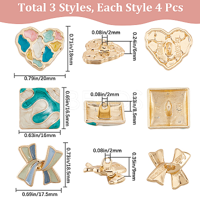 12pcs 3 Style Bowknot/Heart/Square 1-Hole Alloy Enamel Shank Buttons BUTT-GF0003-81-1