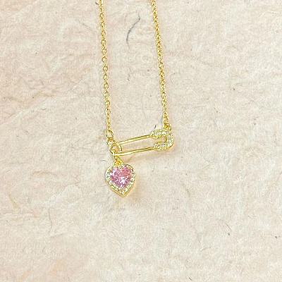 Heart Safety Pin Brass Pave Cubic Zirconia Pendant Necklaces for Women FS-WGA6C95-02-1