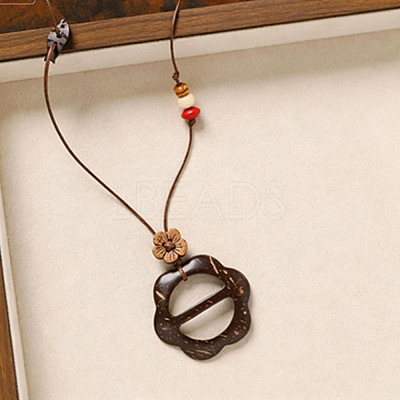 Natural Coconut Pendant Adjustable Leather Cord Long Necklaces with Wood Beads WGC33B1-03-1