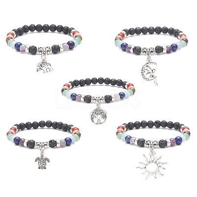 Natural Mixed Gemstone Round Beaded Stretch Bracelets with Alloy Charms BJEW-JB09403-1