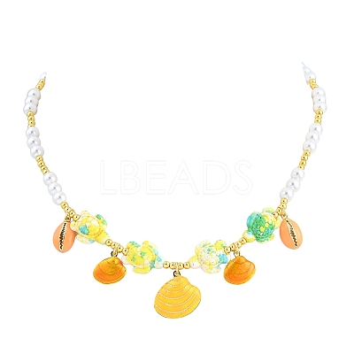 Ocean Brass Enamel Starfish Shell Shape Pendant Round ABS Imitation Pearl Beaded Necklaces KK-CBA4547-04A-G-1