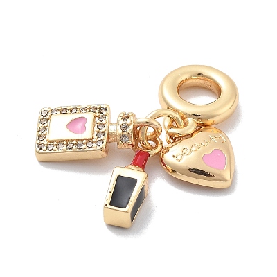 Brass Pink Enamel & Clear Cubic Zirconia Dangle Charms KK-M305-15G-01-1