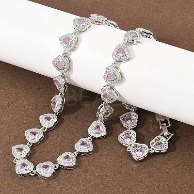 Brass Pave Pink Cubic Zirconia Heart Tennis Necklaces KK-CBA4547-17B-P-1