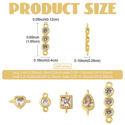 20Pcs 5 Styles Brass Pave Clear Cubic Zirconia Links Connector Charms KK-FS0002-05-1