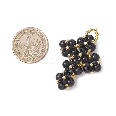 Natural Black Onyx Round Beads & Glass Seed Beaded Cross Pendants PALLOY-MZ01151-02-1