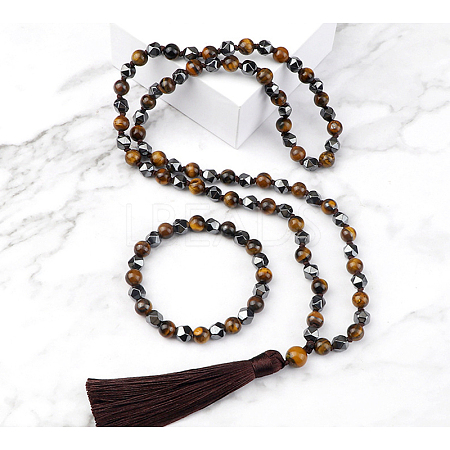 Natural Hematite Round Beaded Pendant Necklaces & Bracelets Sets FS-WG9D102-27-1