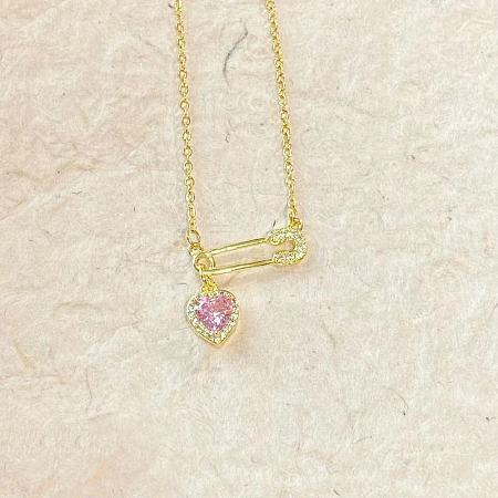 Heart Safety Pin Brass Pave Cubic Zirconia Pendant Necklaces for Women FS-WGA6C95-02-1