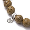 Natural Wood Round Beaded Stretch Bracelet with 304 Stainless Steel Charms BJEW-JB10164-4