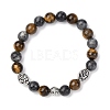 Alloy & Natural Tiger Eye & Larvikite Round Beaded Stretch Bracelets for Men Women BJEW-JB12566-1