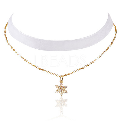 Brass Micro Pave Clear Cubic Zirconia Snowflake Pendant Single Face White Velvet Ribbon & Brass Chain Double Layered Choker Necklaces NJEW-TAC0037-1