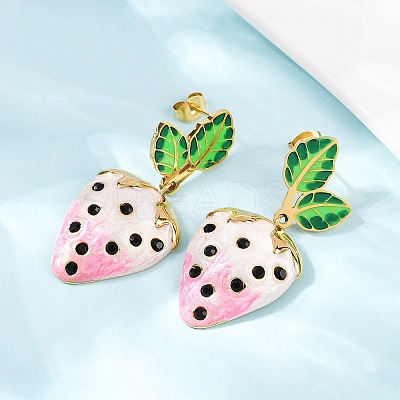 304 Stainless Steel Enamel Strawberry Dangle Stud Earrings EJEW-A138-10G-02-1