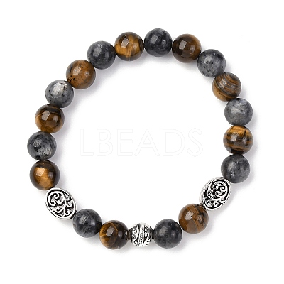 Alloy & Natural Tiger Eye & Larvikite Round Beaded Stretch Bracelets for Men Women BJEW-JB12566-1