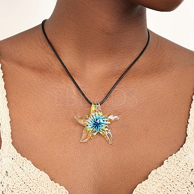 Summer Beach Starfish Transparent Glass Pendant Black Waxed Cord Necklaces for Women FS-WG29C72-01-1