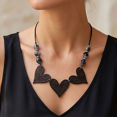 Boho Hollow Black Wood Heart and Nuggets Resin Beaded Bib Necklaces WG28F53-01-1