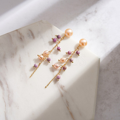 Natural Lepidolite & Natural Freshwater Pearl & 925 Sterling Silver Leaf Dangle Stud Earrings for Women EJEW-G412-02G-1