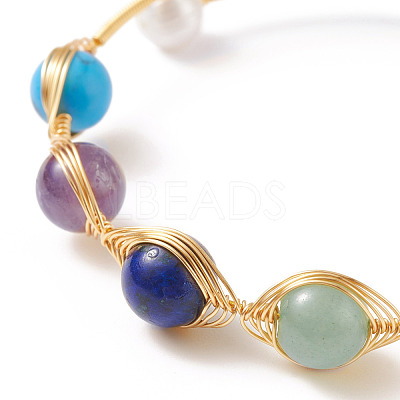 Mixed Stone & Natural Pearl Beads Wire Wrapped Cuff Bangle BJEW-JB07507-1