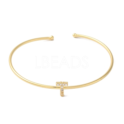 Rack Plating Brass Micro Pave Clear Cubic Zirconia Letter Open Cuff Bangles BJEW-A018-01G-T-1