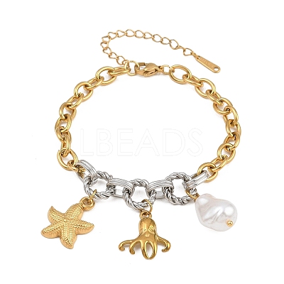Duo Tone Ocean 304 Stainless Steel Sea Animals Charm Bracelets with Imitaiton Pearl for Women SA-CBA717A-06G-02-1