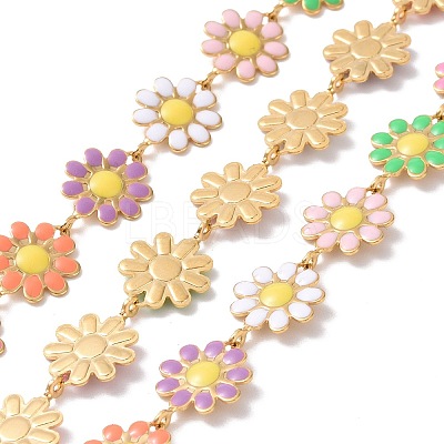 Ion Plating(IP) 304 Stainless Steel Daisy Flower Link Chains with Enamel AJEW-J035-03G-13-1