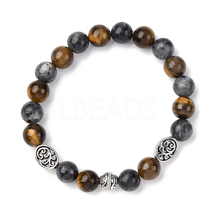Alloy & Natural Tiger Eye & Larvikite Round Beaded Stretch Bracelets for Men Women BJEW-JB12566-1