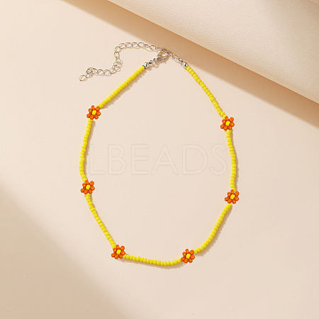 Bohemian Daisy Flower Glass Seed Beaded Necklaces with Alloy End Chains FS-WGC49A6-16-1