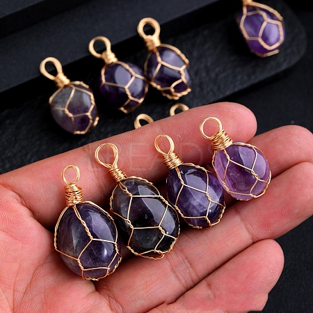 Wire Wrapped Natural Amethyst Pendants PW-WG0D471-01-1