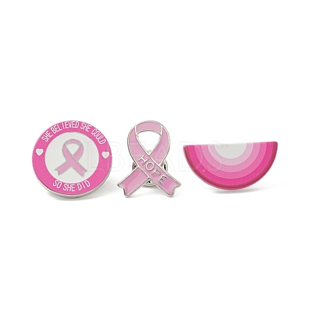 3Pcs 3 Style Breast Cancer Awareness Pink Ribbon Enamel Pin JEWB-L013-03P-1