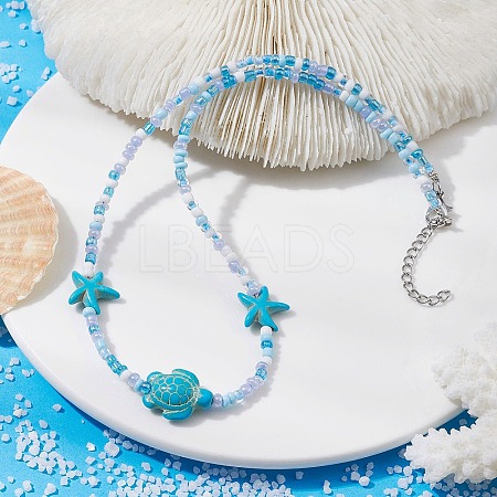 Synthetic Turquoise Starfish & Turtle & Seed Beaded Necklace for Women NJEW-JN04482-01-1