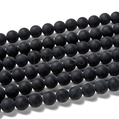 Grade A Round Frosted Natural Black Agate Beads Strands X-G447-4-1