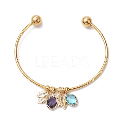 304 Stainless Steel Cuff Bangles with Brass Leaf Charms BJEW-JB10173-1