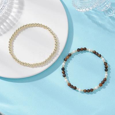 2Pcs Natural Tiger Eye & Shell Pearl & Non-magnetic Synthetic Hematite Beaded Stretch Bracelets for Women BJEW-JB12938-03-1