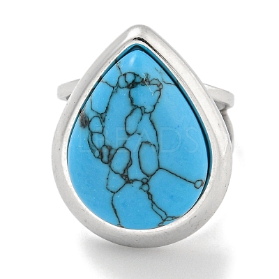 304 Stainless Steel Synthetic Turquoise Cuff Rings G-Z056-09P-02-1