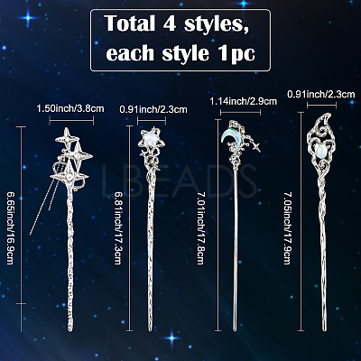 4Pcs 4 Styles Tibetan Style Alloy Resin Hair Sticks OHAR-SC0001-14-1