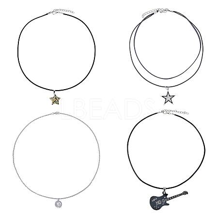 4Pcs 4 Style Star & Guitar Natural Dalmatian Jasper & Alloy Pendant Necklaces Set with Waxed Polyester Cords NJEW-FI0001-16-1