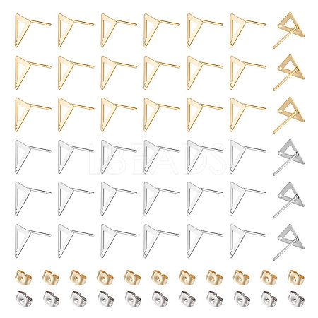 Unicraftale 80Pcs 2 Colors 201 Stainless Steel Triangle Stud Earring Findings with Hole & 304 Stainless Steel Pins &and Ear Nuts STAS-UN0046-99-1
