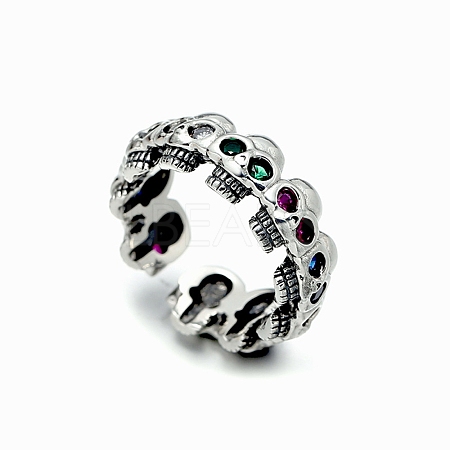 Brass Rhinestones Skull Open Cuff Rings for Unisex PW-WGC11C2-01-1