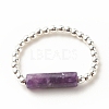 Natural Lepidolite/Purple Mica Stone Column Beaded Finger Ring with Synthetic Hematite RJEW-JR00461-04-4