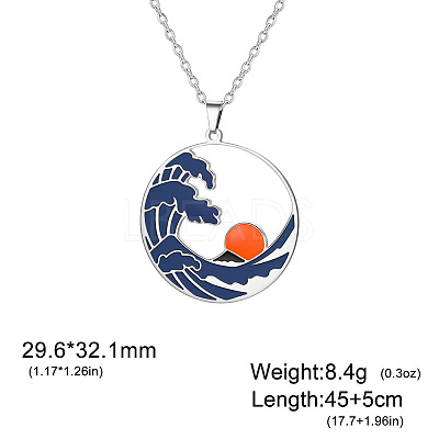 304 Stainless Steel Enamel Blue Sea Wave with Sun Pendant Necklaces for Women WGB8498-01-1