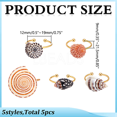 5Pcs 5 Styles Adjustable Conch Shell Brass Cuff Rings RJEW-WR0001-03-1