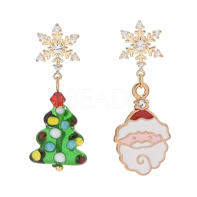 Santa Claus Alloy Enamel & Christmas Tree Lampwork Asymmetrical Earrings X1-EJEW-TA00230-1