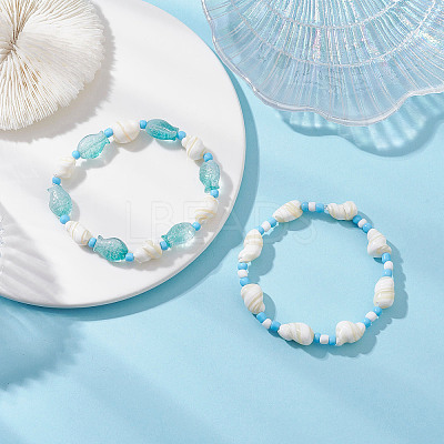 2Pcs 2 Styles Natural Shell & Glass & Glass Seed Beaded Stretch Bracelets Set BJEW-JB12209-1