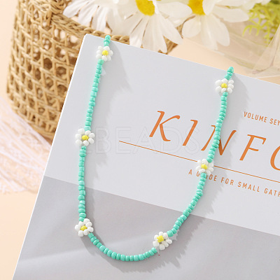 Bohemian Daisy Flower Glass Seed Beaded Necklaces with Alloy End Chains FS-WGC49A6-02-1