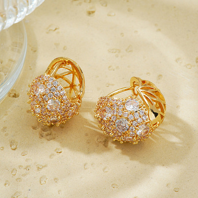 Elegant Brass Clear Cubic Zirconia Flat Round Hoop Earrings GD5823-2-1